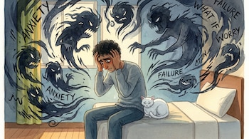 Joven con manos en la cabeza y angustia, sentado en la cama. Figuras oscuras con textos "ANXIETY", "FAILURE", "WHAT IF", "WORRY" lo rodean. Un gato blanco a su lado.