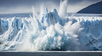 Ilustración conceptual de un glaciar con una gran explosión de hielo y nieve en su frente, cayendo al agua con salpicaduras masivas.
