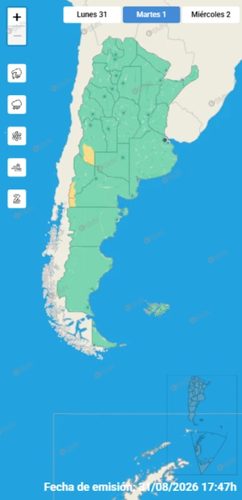 El mapa de alertas del SMN, emitido el 31 de agosto, señala en color amarillo a sectores del oeste del país