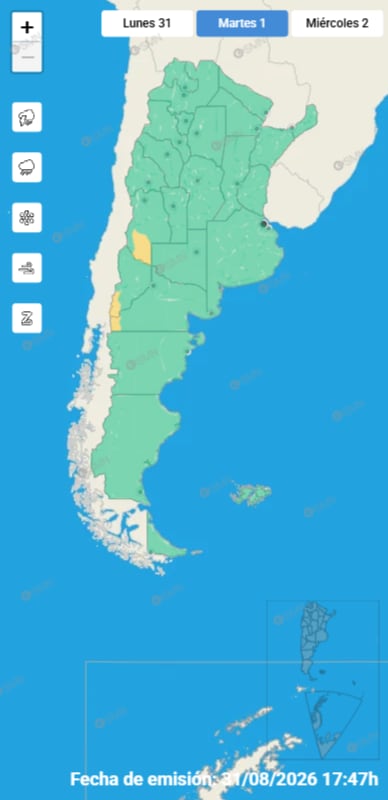 El mapa de alertas del SMN, emitido el 31 de agosto, señala en color amarillo a sectores del oeste del país