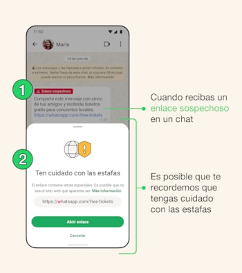 Al tocar, la plataforma puede resaltar la letra reemplazada en un aviso emergente, una pista clave para detectar suplantación antes de abrir, ya que una diferencia mínima en el dominio cambia por completo el destino del enlace - Meta