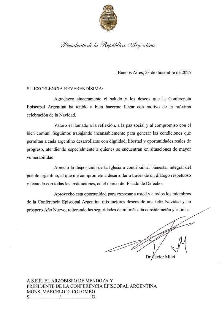 La carta de respuesta y agradecimiento de Milei a los obispos difundida hoy