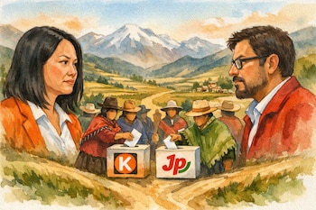 Ilustración acuarelada de Keiko Fujimori y Roberto Sánchez flanqueando a campesinos votando en urnas con logos partidarios, en un paisaje andino.