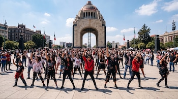 Personas disfrazadas de zombis y Michael Jackson bailan en una plaza frente al Monumento a la Revolución bajo un cielo despejado.