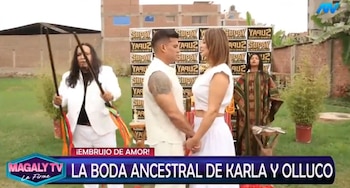 Karla Tarazona y Christian Domínguez realizan boda ancestral antes de su matrimonio civil. Captura: Magaly TV La Firme.