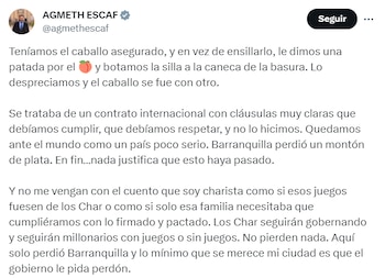 Agmeth Escaf arremetió contra el presidente de la República, Gustavo Petro - crédito @agmethescaf/X