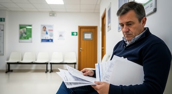 Hombre sentado con documentos en una sala de espera blanca con sillas alineadas, carteles en la pared, una puerta marrón y luz fluorescente.