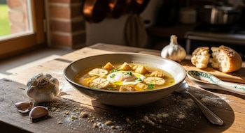 Vista detallada de un plato de sopa de ajo con un huevo escalfado y picatostes, rodeado de dientes de ajo, pan y una cuchara en una mesa de madera.