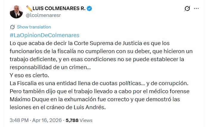 Colmenares reiteró en redes sociales que la Fiscalía no cumplió con su deber investigativo en el caso Colmenares - crédito @lcolmenaresr/X