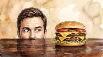 Un hombre mira desde abajo de una mesa una hamburguesa doble con queso, lechuga, tomate y pepinillos. El fondo es un degradado de acuarela.