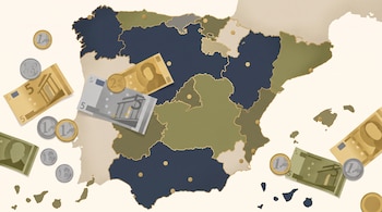 Mapa de España dividido en comunidades autónomas con líneas doradas. Billetes de cinco euros, billetes de dos euros, monedas de uno y dos euros.