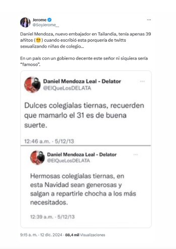 Estos son algunos de los mensajes de Daniel Mendoza misóginos - crédito X