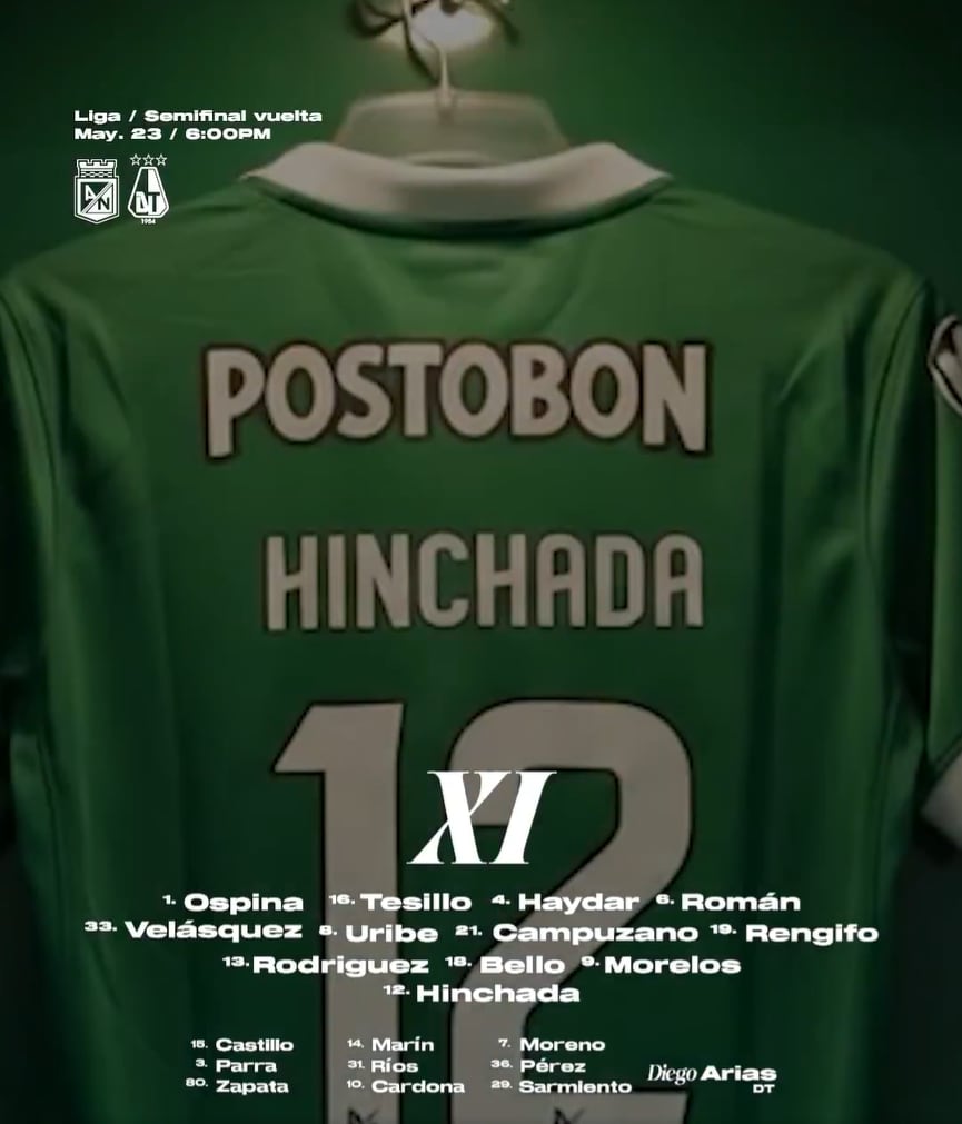 Escalação nacional contra o Tolima nas semifinais da Liga BetPlay - crédito Atlético Nacional