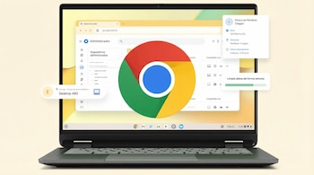 Portátil abierto con la interfaz de Google Admin en pantalla, el logo de Google Chrome en el centro y ventanas flotantes de gestión de dispositivos.