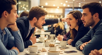 Cuatro personas sentadas en una mesa con tazas de café y vasos; un hombre señala hacia una mujer con la boca abierta, otros dos hombres observan.