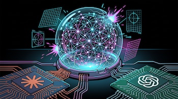 Esfera de cristal agrietada que contiene una red brillante, conectada a placas de circuito con logotipos de Anthropic y OpenAI.