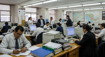 Oficina amplia con múltiples empleados mexicanos, algunos sentados en escritorios usando computadoras y manipulando documentos, y otros de pie conversando.