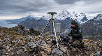 Una persona arrodillada opera una computadora junto a una antena sobre un trípode en una cumbre rocosa con montañas nevadas de fondo.