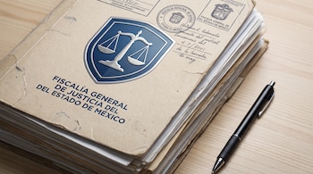 Pila de expedientes judiciales con la carpeta superior de la Fiscalía General de Justicia del Estado de México, un bolígrafo negro y una mesa de madera clara.