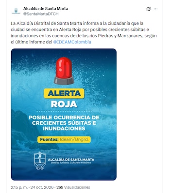 La Alcaldía de Santa Marta informó que la ciudad se encuentra en alerta roja por posibles crecientes súbitas e inundaciones - crédito @SantaMartaDTCH/X