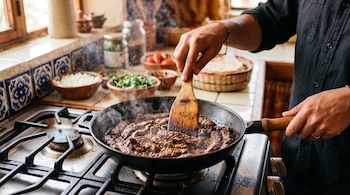 Manos de una persona mueven tiras de carne con una espátula de madera dentro de una sartén sobre una estufa con cuencos al fondo.