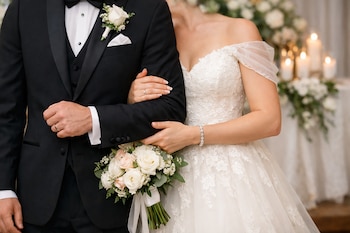 Primer plano de una pareja de novios en una boda, mostrando sus brazos entrelazados, él en esmoquin negro y ella en vestido de encaje blanco con ramo de flores.