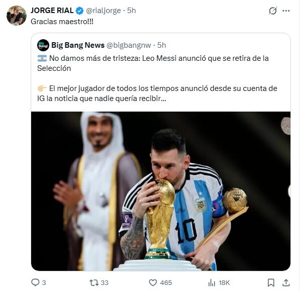Jorge Rial compartió una imagen de Lionel Messi con la Copa del Mundo y destacó su legado con un mensaje breve: “Gracias maestro”