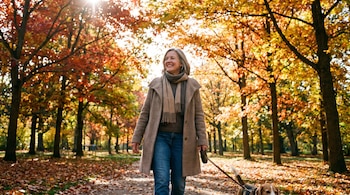 Una mujer de mediana edad con abrigo y bufanda camina junto a un perro beagle en un sendero de un parque con árboles de hojas naranjas y amarillas.