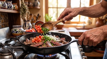 Unas manos agregan jitomate picado, cebolla y chile a una sartén con tiras de carne sobre una estufa.