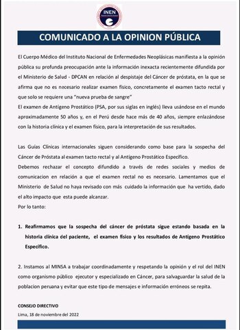 Comunicado del cuerpo médico del