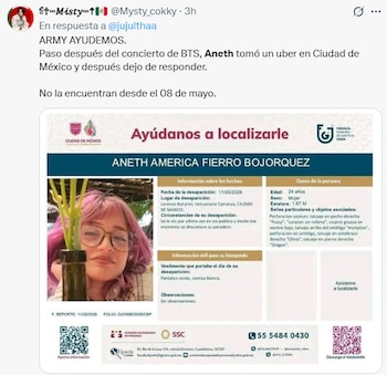 La comunidad ARMY movilizó a miles de usuarios en Twitter y Facebook para difundir la ficha de búsqueda de Aneth Fierro, potenciando la alerta en redes sociales. (FGJ)