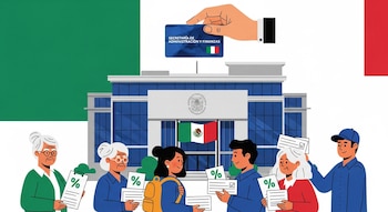 Ilustración plana de ciudadanos recibiendo documentos y cheques, con el edificio de la Tesorería de CDMX y la Secretaría de Administración y Finanzas arriba.
