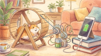Ilustración de un hámster marrón y blanco corriendo en una rueda de madera, conectado a un sistema de engranajes y cables que cargan un smartphone sobre libros.