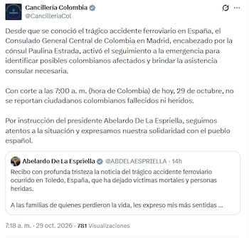 Cancillería expresó sus condolencias por el choque de trenes que tiene conmocionada a toda España - crédito @CancilleriaCol/X