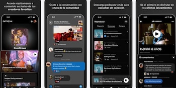 Cuatro capturas de pantalla de una aplicación móvil en modo oscuro, con secciones de contenido, chat, podcasts y reproducción de video