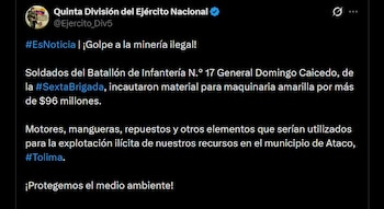 El Ejército Nacional incautó material para maquinaria amarilla con un valor comercial de $96.512.400 en Ataco, Tolima - crédito @Ejercito_Div5 / X