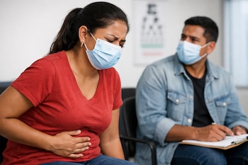 Mujer latina de tez morena, con mascarilla azul y camiseta roja, sostiene su abdomen con expresión de dolor mientras espera en una sala; un hombre latino enmascarado está detrás.