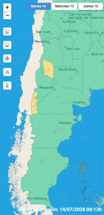 Mapa da Argentina com províncias, cidades, zonas costeiras, zonas verdes e amarelas. Mostra a data selecionada, terça-feira, 14, ícone do clima, botão de zoom e data de lançamento