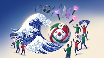 Ilustración de una ola azul de arte coreano que choca con un balón de fútbol (banderas de México y Corea del Sur), rodeado de música, K-pop y fans.