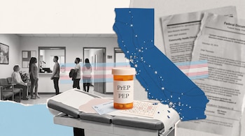 Frasco de medicamentos etiquetado PrEP y PEP sobre una camilla, junto a un mapa azul de California y una sala de atención en blanco y negro.