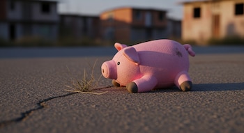 Un peluche de cerdo rosa con manchas oscuras en su espalda descansa sobre asfalto agrietado junto a un pequeño grupo de hierba, con edificios borrosos al fondo.