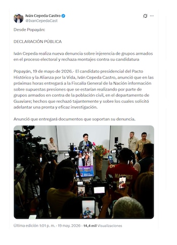 Iván Cepeda denunció presuntas presiones de grupos ilegales a ciudadanos