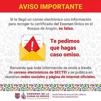 Aviso importante con un sobre de correo electrónico abierto y signo de exclamación rojo; texto alerta sobre un correo falso y logos oficiales de la Ciudad de México y SECTEI