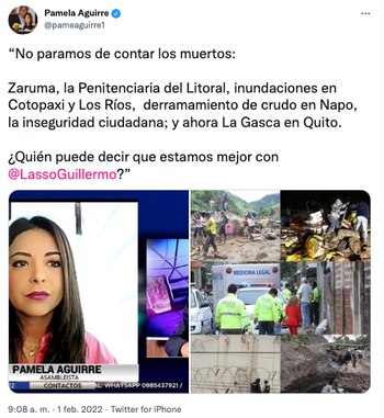La asambleísta Pamela Aguirre, afín a Rafael Correa, recibió duras críticas por publicar este tuit. Fue tachada como indolente e incluso le han dicho que "busca votos en medio de los cadáveres".