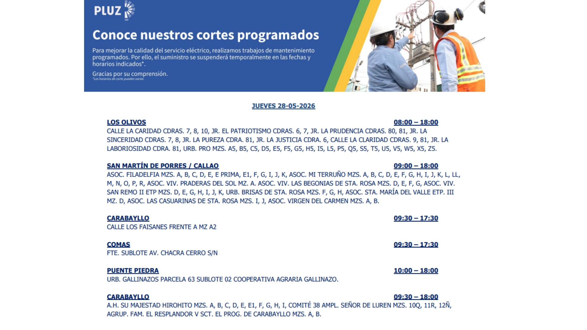 Enel anuncia suspensión del servicio eléctrico en Lima por trabajos de mantenimiento| Pluz
