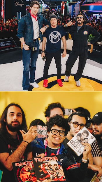 Bruce Dickinson, gorro gris y camiseta negra con logo, junto a dos hombres en escenario con público; abajo, fans sonrientes exhiben álbumes de Iron Maiden y libro