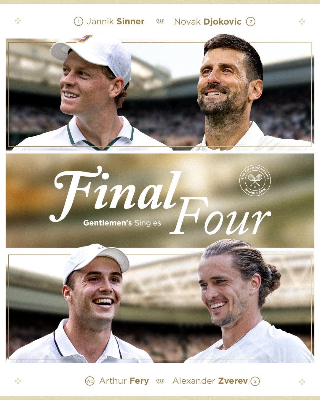 Jannik Sinner, Novak Djokovic, Arthur Fery, Alexander Zverev protagonizarán las semifinales de Wimbledon 2026. Crédito: Wimbledon