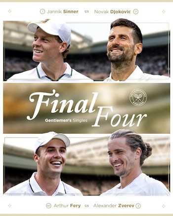 Jannik Sinner, Novak Djokovic, Arthur Fery, Alexander Zverev protagonizarán las semifinales de Wimbledon 2026.
