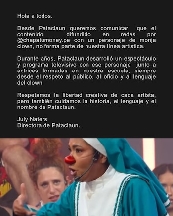 July Naters, directora de Pataclaun, aclaró que el contenido viral de “monja clown” difundido por Chapa tu money no pertenece a la línea artística del proyecto