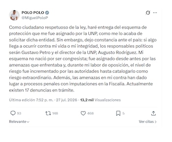 Miguel Polo Polo se pronunció tras quedarse sin esquema de seguridad de la UNP